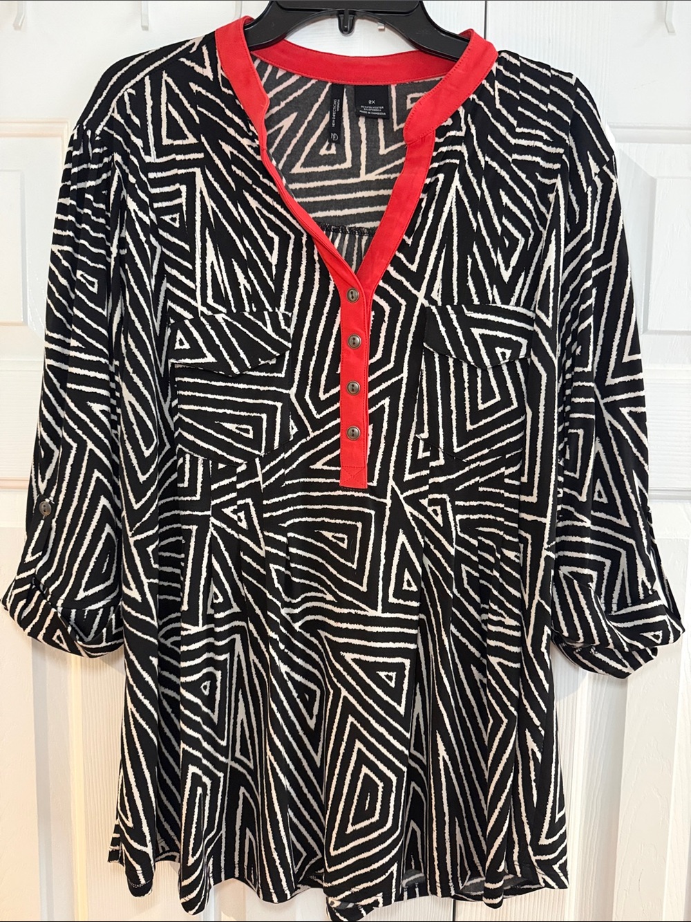 new directions Black and White Geometric Blouse with Red Trim